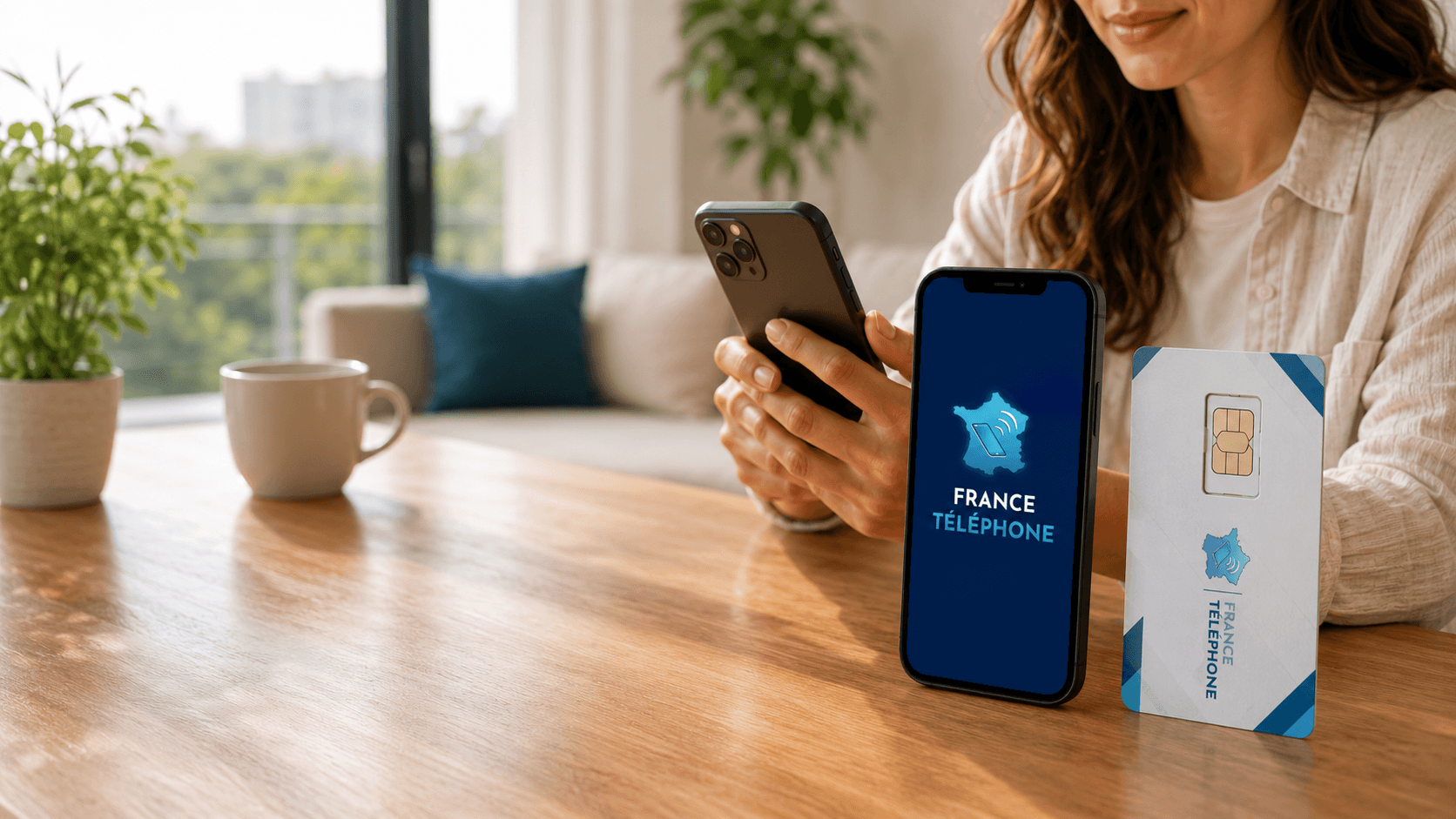 Femme utilisant un smartphone France Téléphone, carte SIM posée sur la table