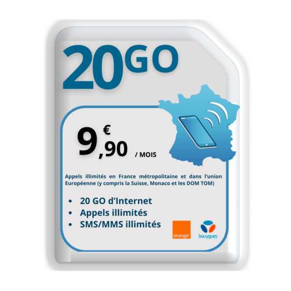 Forfait 20 Go à ,90€ avec appels et SMS illimités, sur le réseau Orange, utilisable en France et en Europe