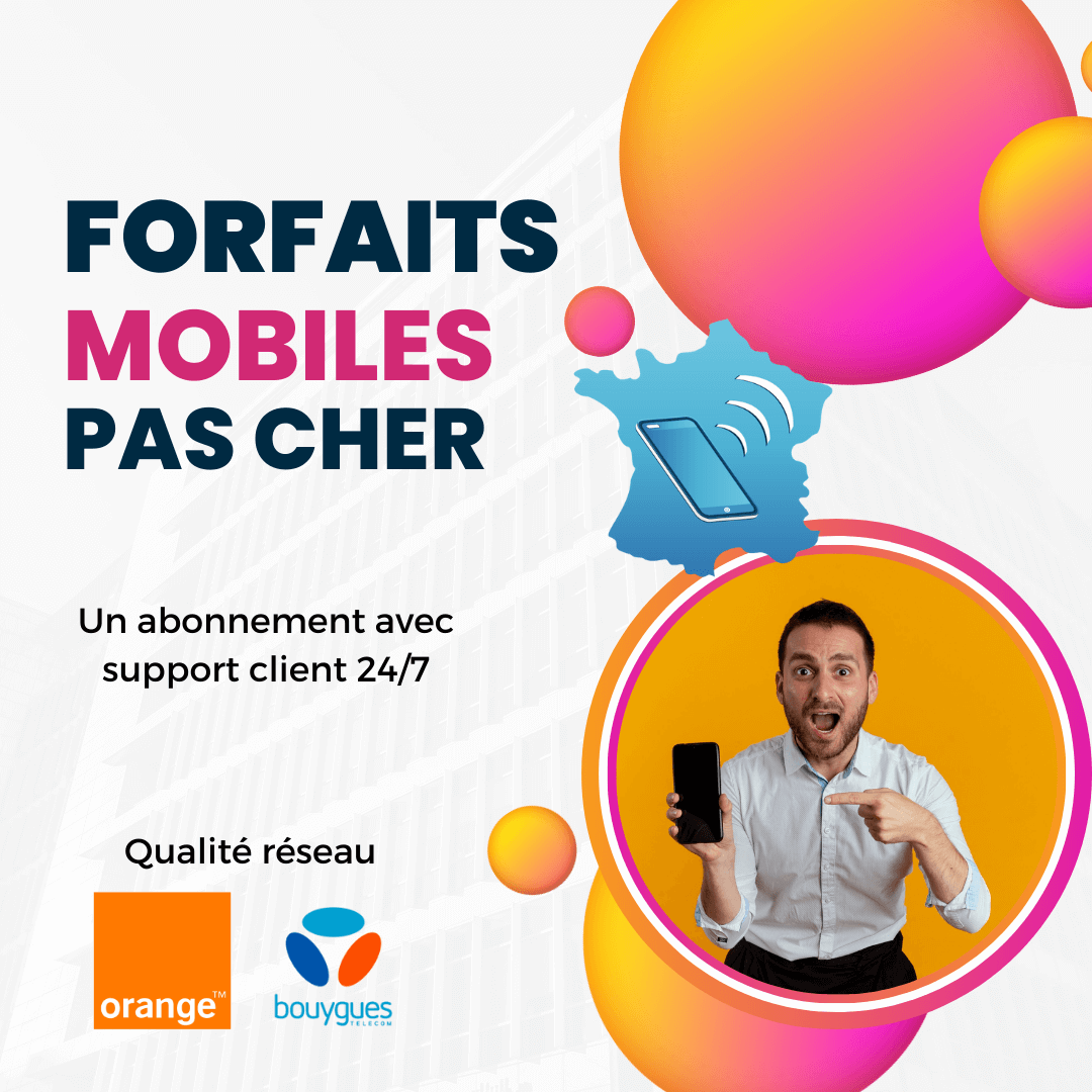 Homme souriant tenant un smartphone, promotion de forfaits mobiles pas chers – France Téléphone, réseaux Orange et Bouygues