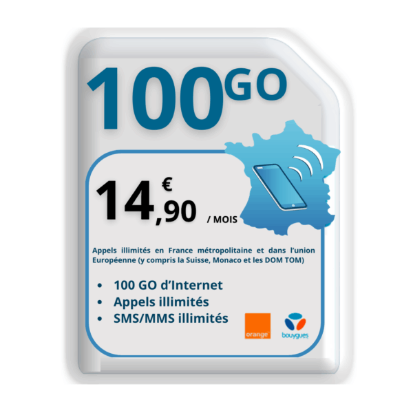 Forfait 100 Go à 14,90€ avec appels et SMS illimités, sur le réseau Orange, utilisable en France et en Europe