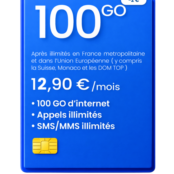 Blue SIM card promo displaying 100 GO for 12,90 €/mois with unlimited calls and SMS/MMS, chip icon visible in bottom-left.