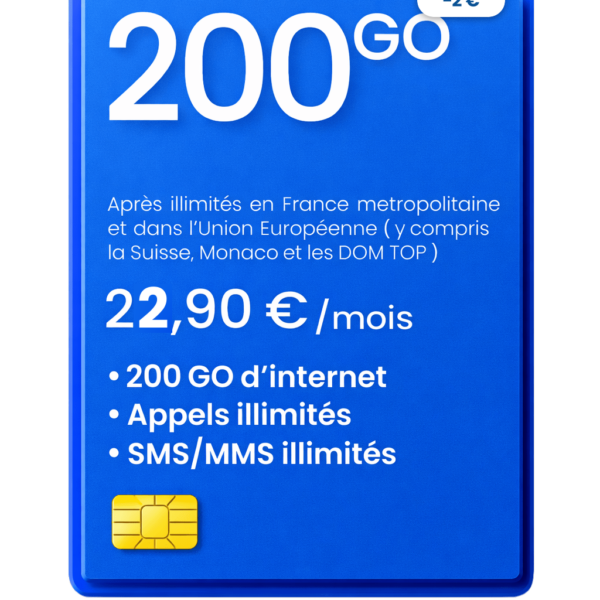 Blue SIM card promo card showing '200 GO' with -2€ badge, and details: 22,90 €/mois, 200 GB, appels et SMS/MMS illimités, in French.